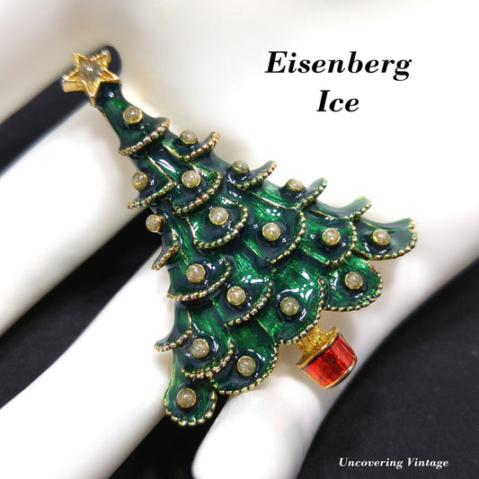 Eisenberg Ice Christmas Tree Brooch Green Enamel Red Trunk Vintage 1970s