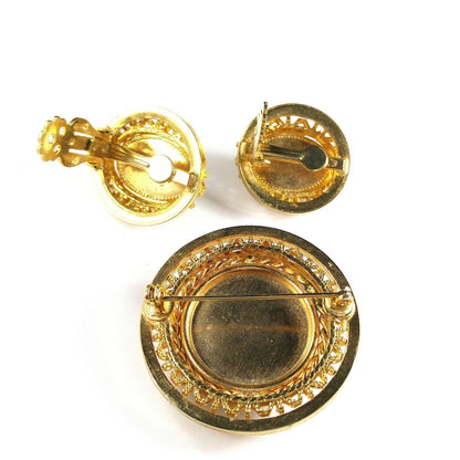Vintage Cameo Hematite Brooch & Clip Earrings, Filigree Pin Set W Germany Style, 1950s Vintage Jewelry