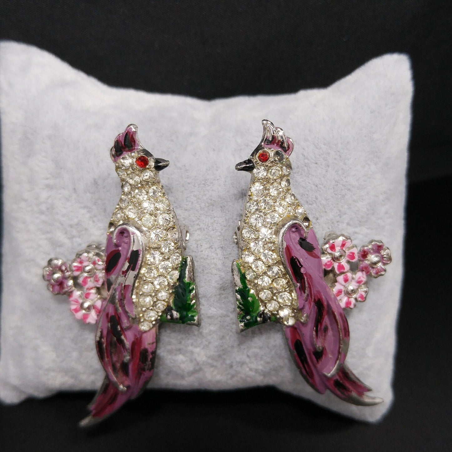 Duette Bird Brooches, Unsigned, Coro Style, Set of Two, Rhinestone and Enamel, 1940s Vintage Jewelry