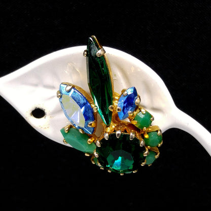 Sherman Green & Blue Rhinestone Earrings, Gold Plated, 1960s Vintage Jewelry