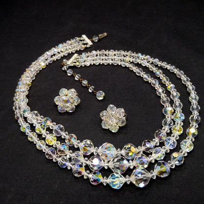 AB Crystal Beaded Necklace Earrings Set, Clear Aurora Borealis Beads, 1950s Vintage Jewelry