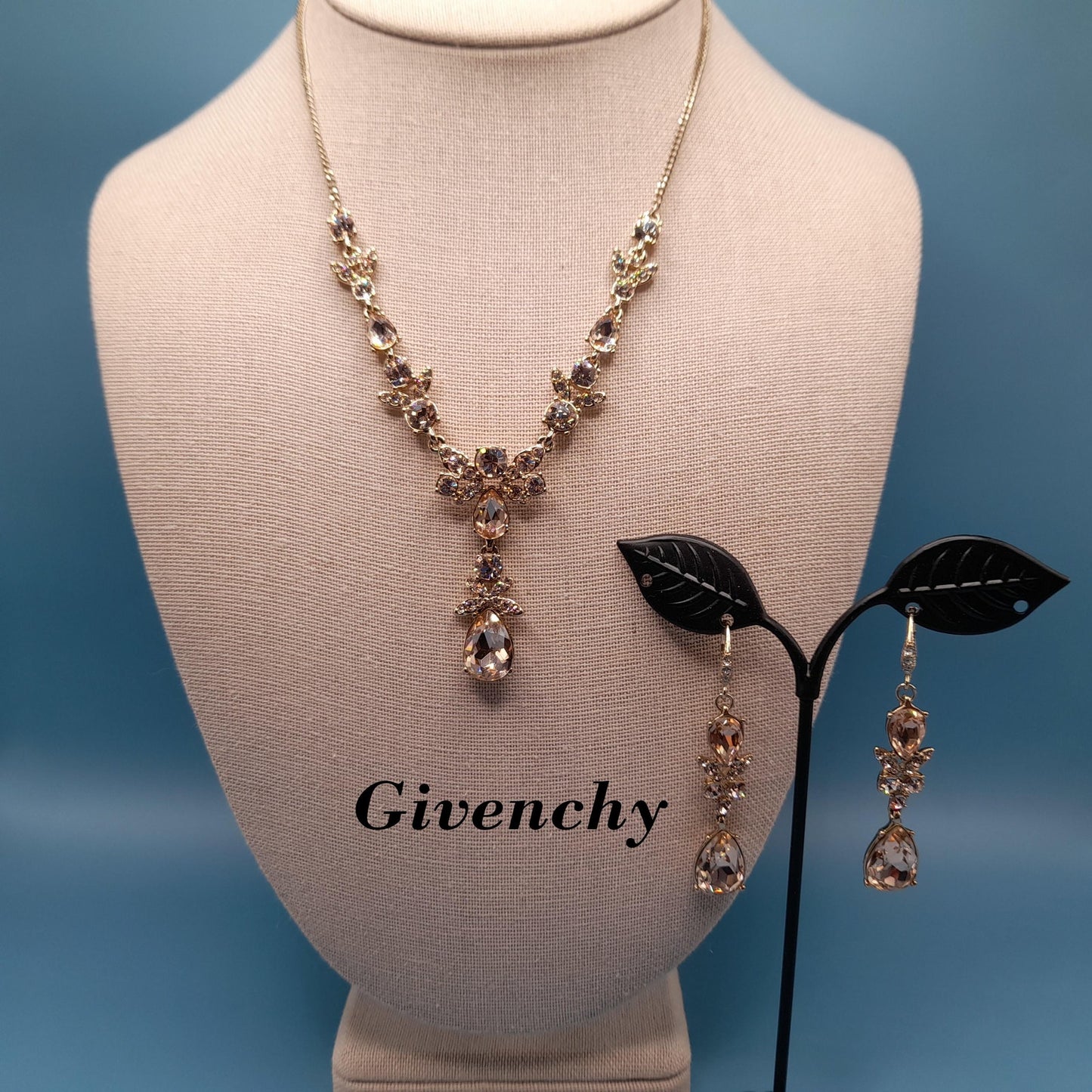 Vintage Givenchy Necklace & Earrings Set – Gold Tone Crystal Teardrop Jewelry