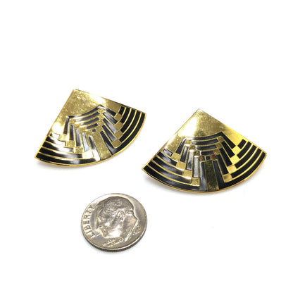 Vintage Laurel Burch Large Fan Post Earrings, Black Enamel, Gold Plated