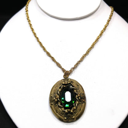 Antique 1920s Czech Emerald Green Glass Pendant Gold Filigree Necklace