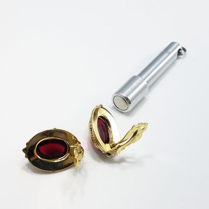 Vintage Whiting & Davis Co Red Gold Clip Earrings 1960s Gold Tone, Red Cabochon