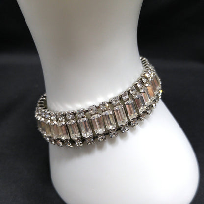 Vintage Weiss Clear Rhinestone Bracelet, Rhodium Plate, Safety Chain, 1950s