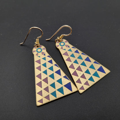 Laurel Burch Geometric Long Earrings, Gold Filled Ear Wires, 1980s Vintage Jewelry