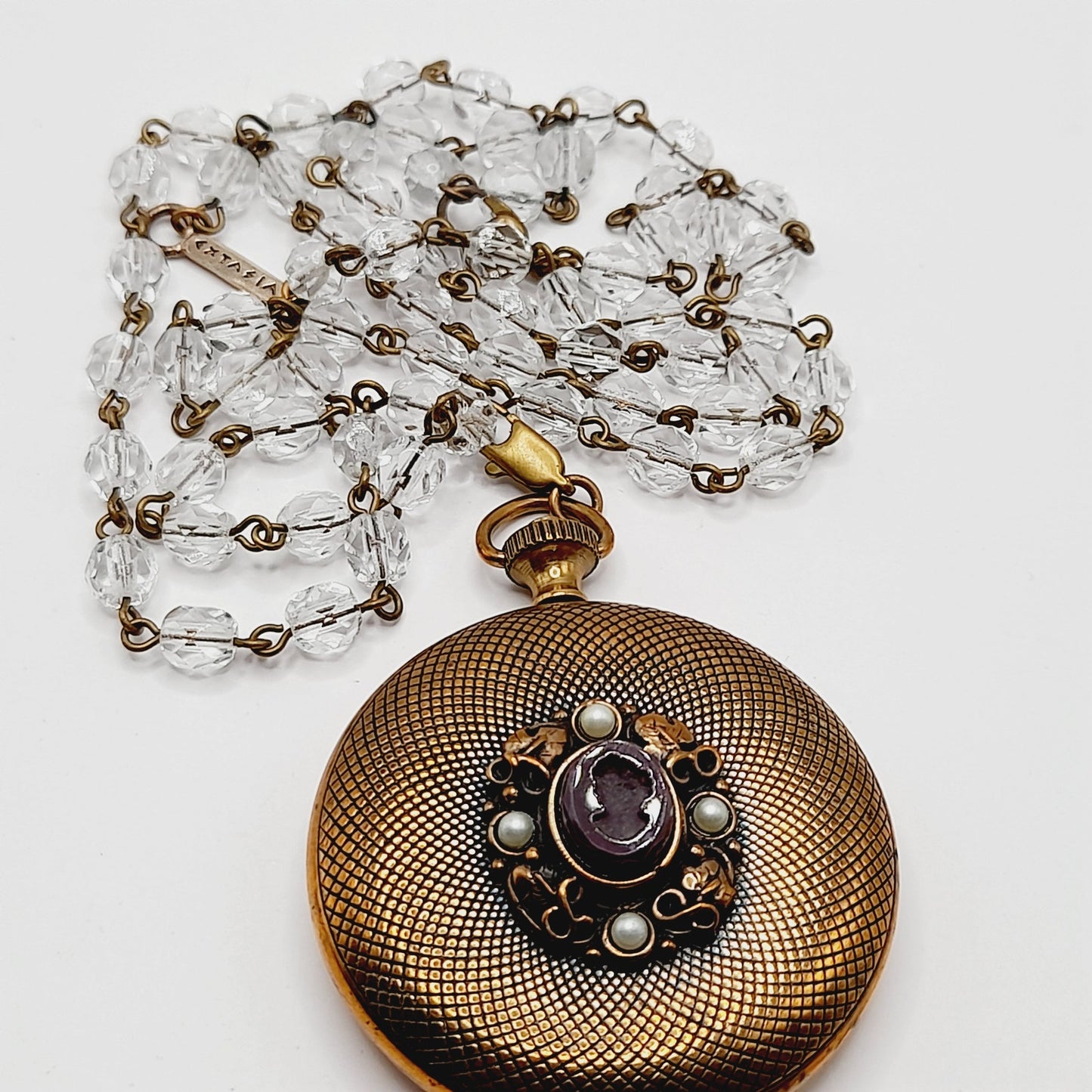 Vintage Extasia Intaglio Pocket Watch Style Locket Clear Bead Necklace, 28 Inches