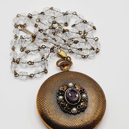 Vintage Extasia Intaglio Pocket Watch Style Locket Clear Bead Necklace, 28 Inches