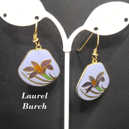 Vintage Laurel Burch Purple Lily Earrings, Cloisonne Enamel, Gold Plated