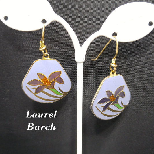 Vintage Laurel Burch Purple Lily Earrings, Cloisonne Enamel, Gold Plated