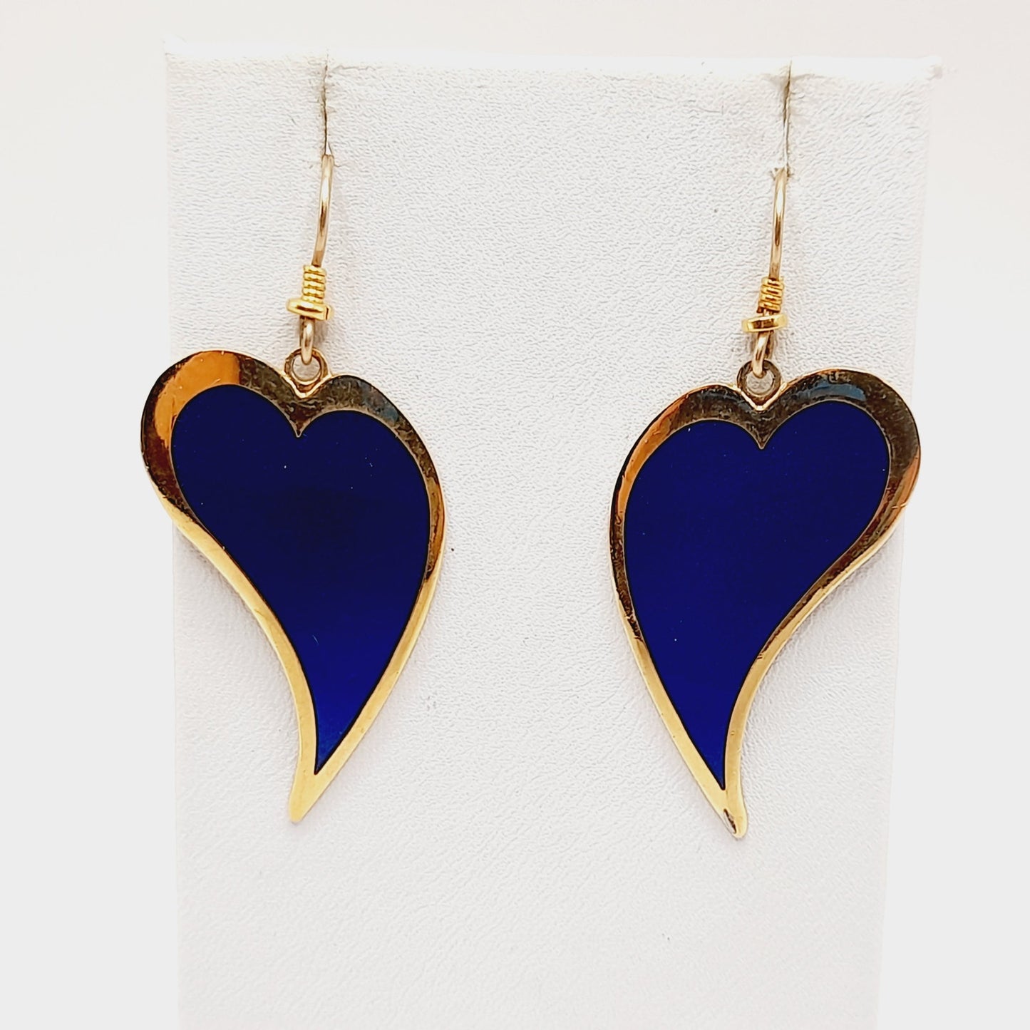 Vintage Laurel Burch Heart Dangle Earrings, Blue Enamel, Gold Plated, 2 Inches