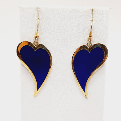 Vintage Laurel Burch Heart Dangle Earrings, Blue Enamel, Gold Plated, 2 Inches