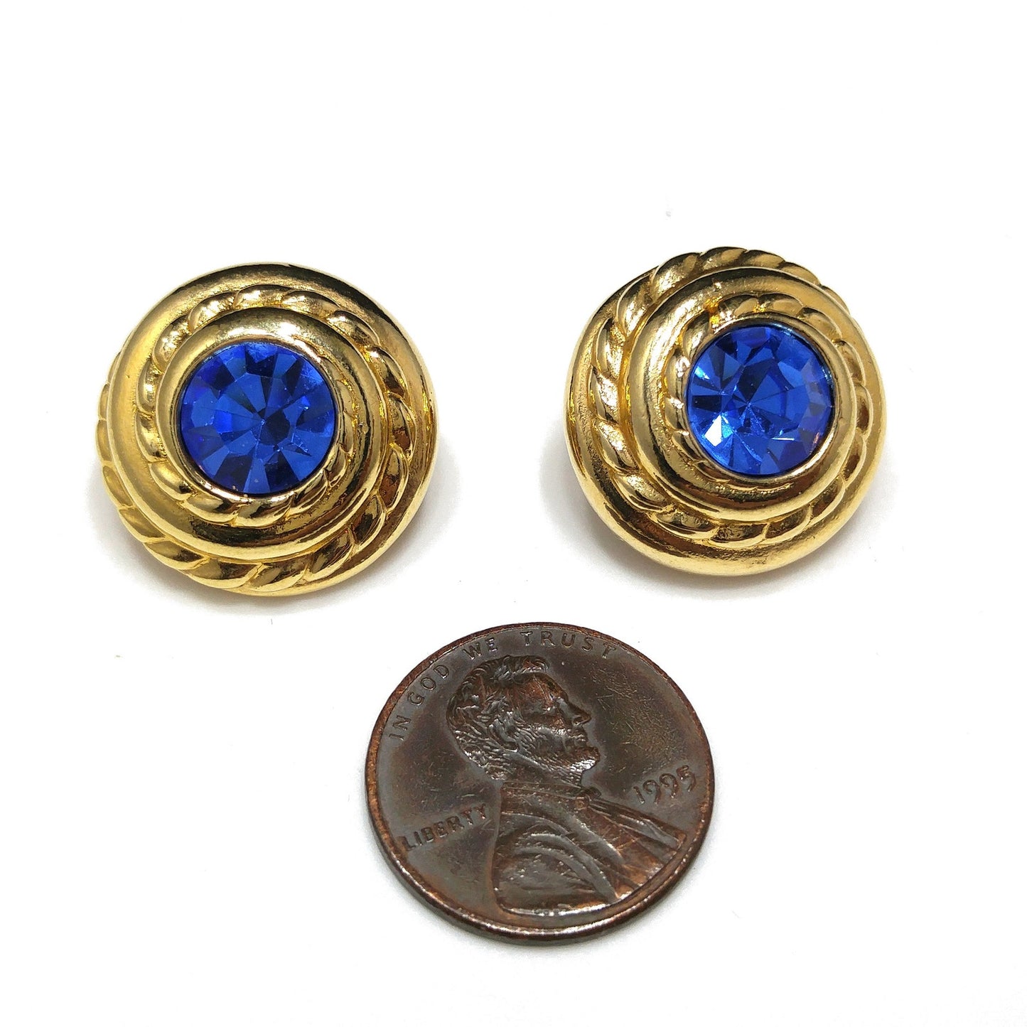 Swarovski Blue Crystal Clip Earrings, Gold Plated Round, 1990s Vintage