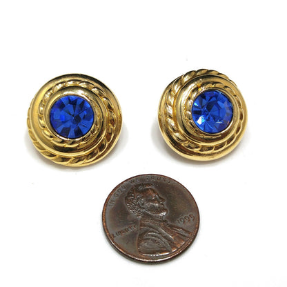 Swarovski Blue Crystal Clip Earrings, Gold Plated Round, 1990s Vintage