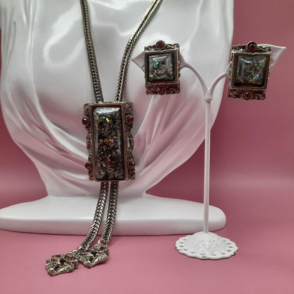 Vintage Selro Lucite Confetti Necklace Earrings Set, Purple Rhinestones, 1960s