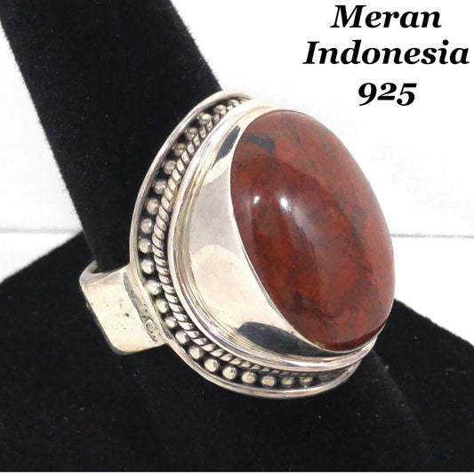 Meran Indonesia Sterling Silver Ring, Large Red Gemstone, Vintage Size 7, 925
