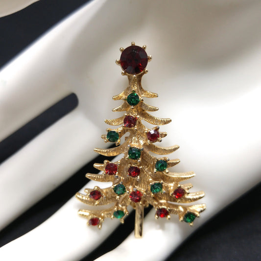 Vintage Christmas Tree Brooch – 1950s 1960s Gold-Plated Holiday Pin with Red & Green Rhinestones