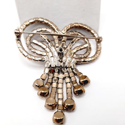 Vintage Clear Rhinestone Bow Brooch, Silver Tone Dangle Design, Midcentury Sparkle, 2 3/4 Inches
