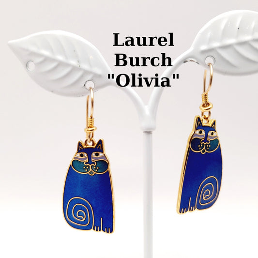 Vintage Laurel Burch Olivia Blue Cat Earrings Gold Plated