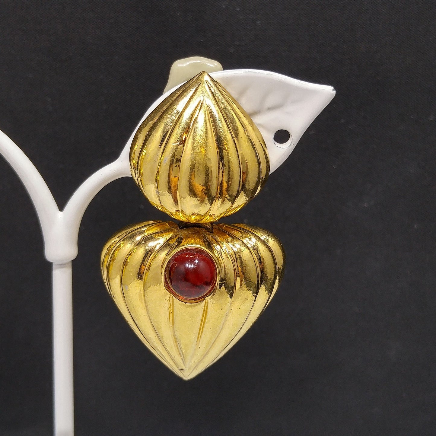 Vintage CINER Heart Drop Earrings, Red Cabochon, Gold Plated, 1980s