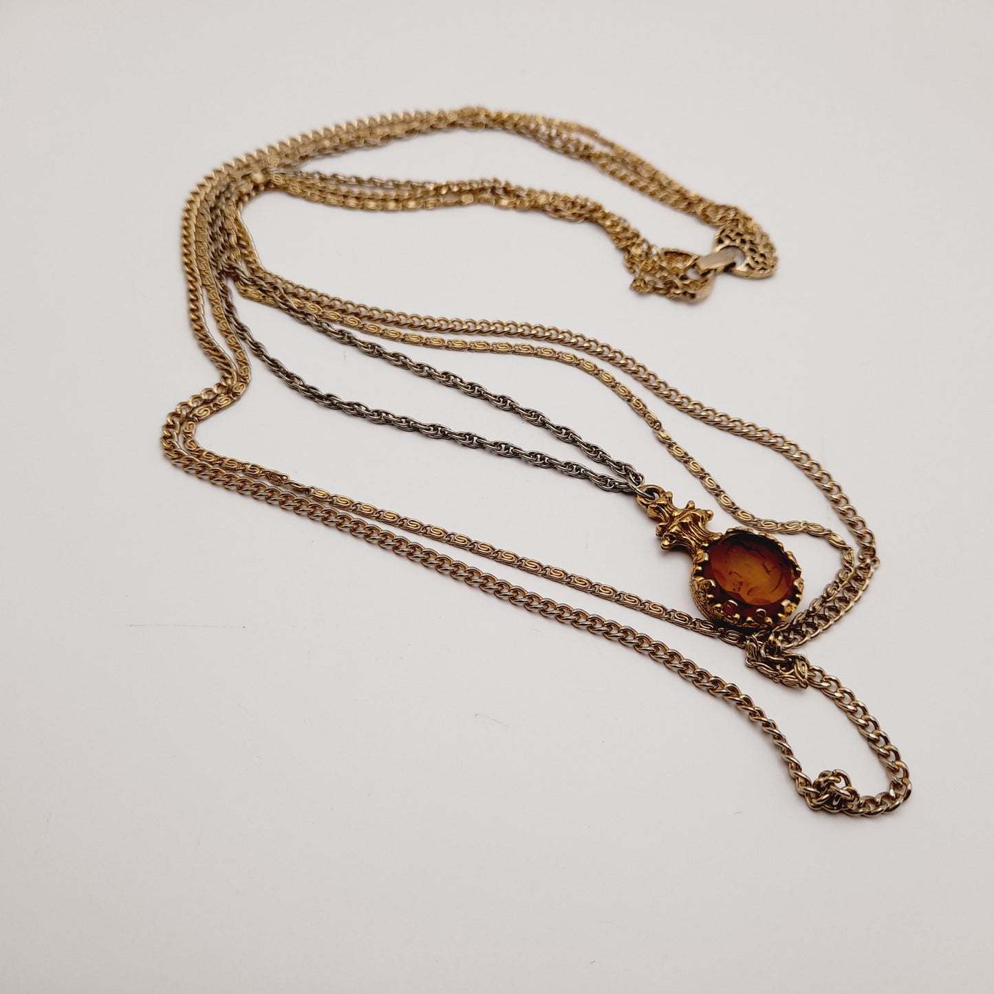Vintage Goldette Three Layering Strands Intaglio Cameo Pendant Necklace