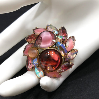 Mid-Century Pink Art Glass Domed Brooch, Czech Glass, Gold Plated, 1950s Vintage Jewelry