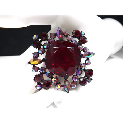 Red Large Rhinestone Aurora Borealis Brooch, Japanned Black Enamel, 1970s Vintage Jewelry
