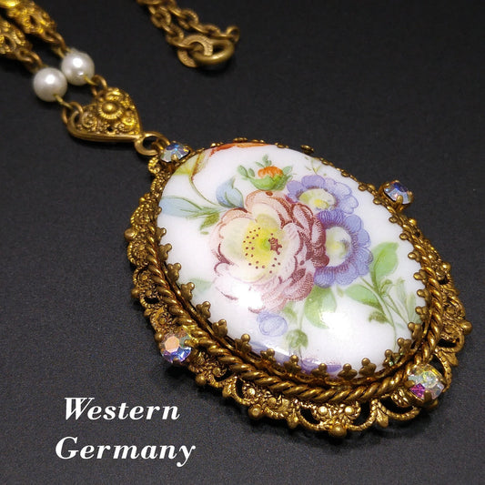 Western Germany Purple Floral Pendant Necklace, Filigree Rhinestones Faux Pearls, 1950s Vintage Jewelry