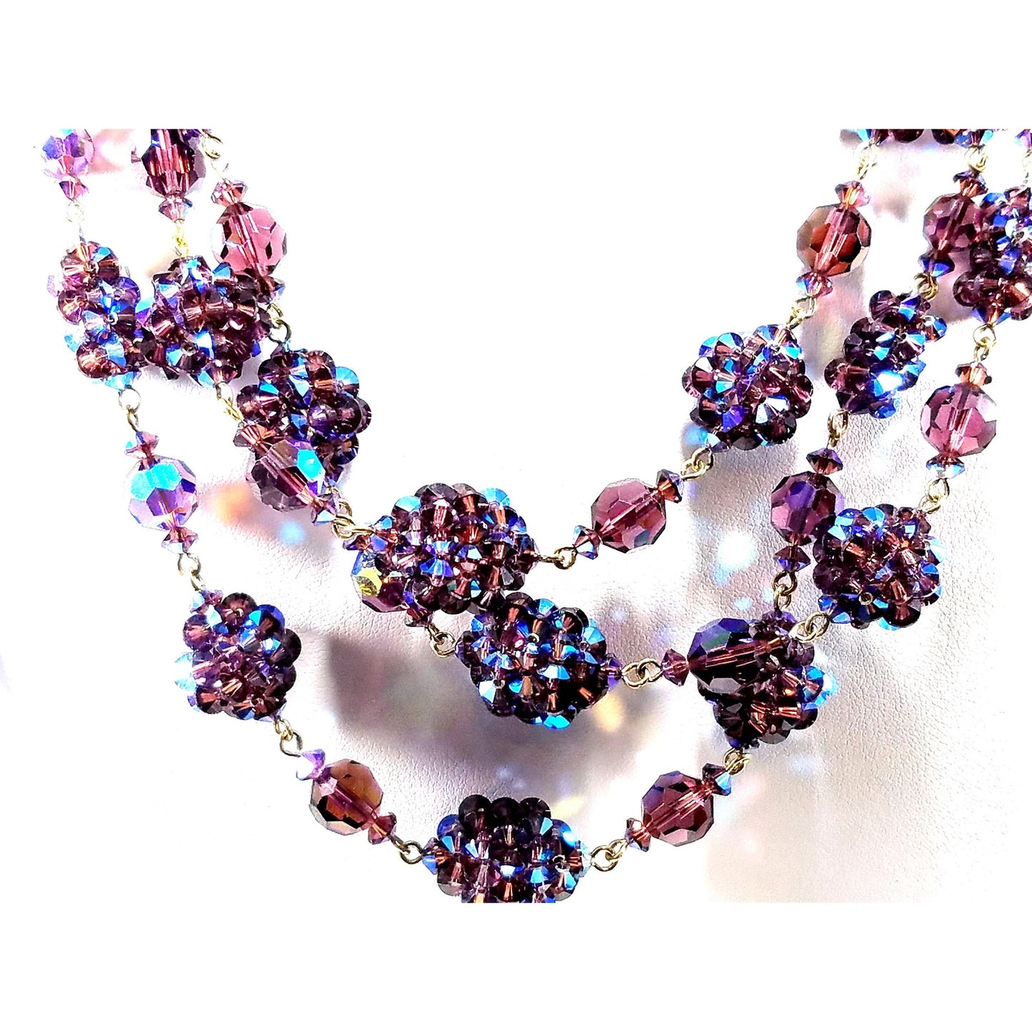 Vintage Made in France Purple AB Crystal Necklace Earrings Set 1950s Demi Parure