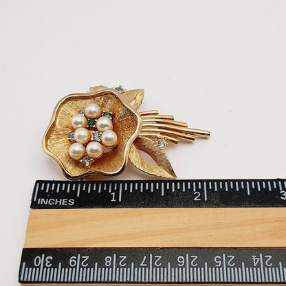 Vintage Ledo 1962 Floral Brooch, Gold Plated Faux Pearl Rhinestone Pin, Signed Mid Century Jewelry