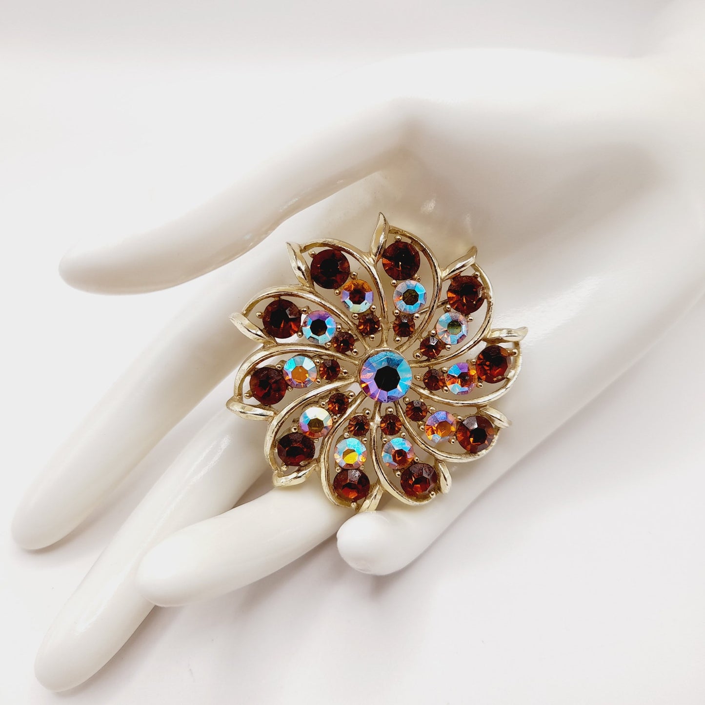 Vintage Topaz AB Rhinestone Flower Brooch Gold Plated 2 Inch Unsigned