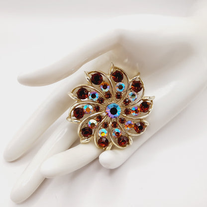 Vintage Topaz AB Rhinestone Flower Brooch Gold Plated 2 Inch Unsigned