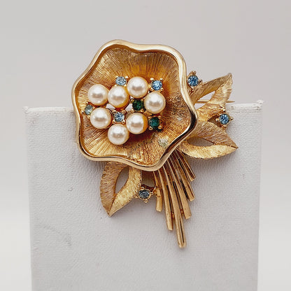Vintage Ledo 1962 Floral Brooch, Gold Plated Faux Pearl Rhinestone Pin, Signed Mid Century Jewelry