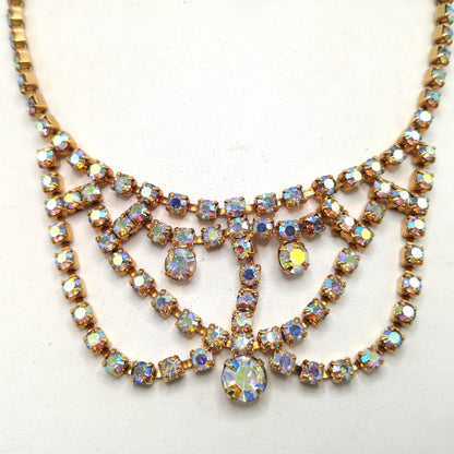 Aurora Borealis Rhinestone Choker Necklace, Gold Plated, 1960s Vintage Jewelry