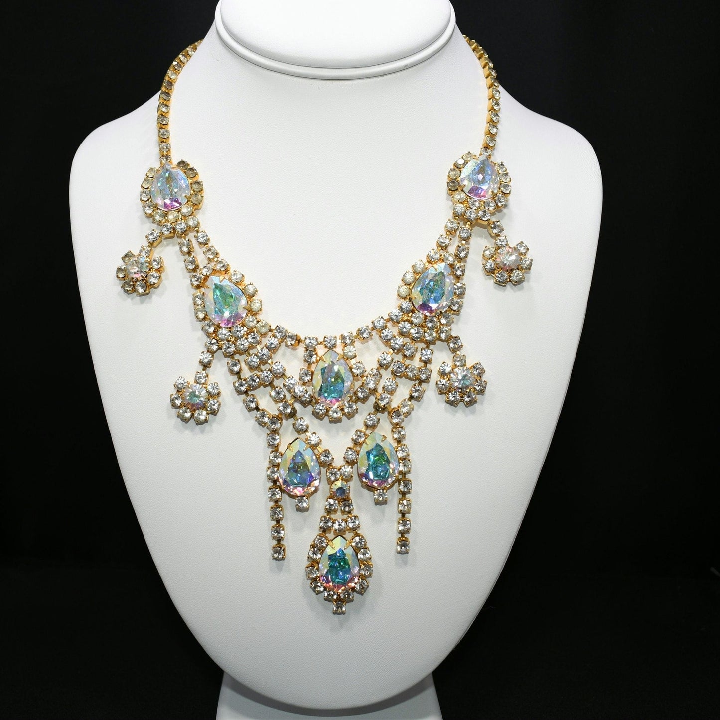 Aurora Borealis Rhinestone Frontal Necklace, Gold Plated, 21 Inches, 1970s Vintage Jewelry