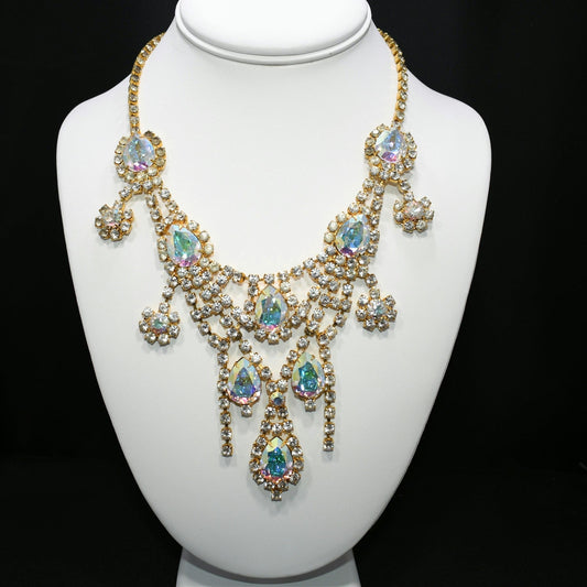 Aurora Borealis Rhinestone Frontal Necklace, Gold Plated, 21 Inches, 1970s Vintage Jewelry
