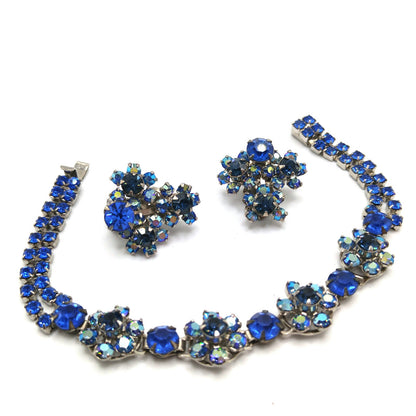 Kramer AB Blue Bracelet Clip Earrings Set, Aurora Borealis, 1960s Vintage Jewelry