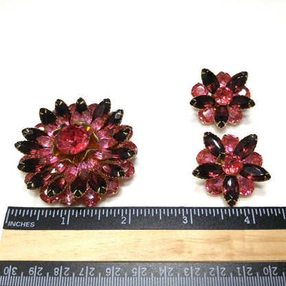Vintage Celebrity Pink Purple Brooch & Earrings, 22K Gold Plated, 1940s