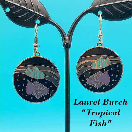 Vintage Laurel Burch "Tropical Fish" Drop Earrings, Gold Plated, 1980s