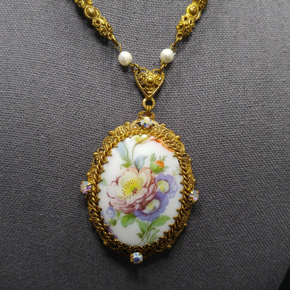 Western Germany Purple Floral Pendant Necklace, Filigree Rhinestones Faux Pearls, 1950s Vintage Jewelry
