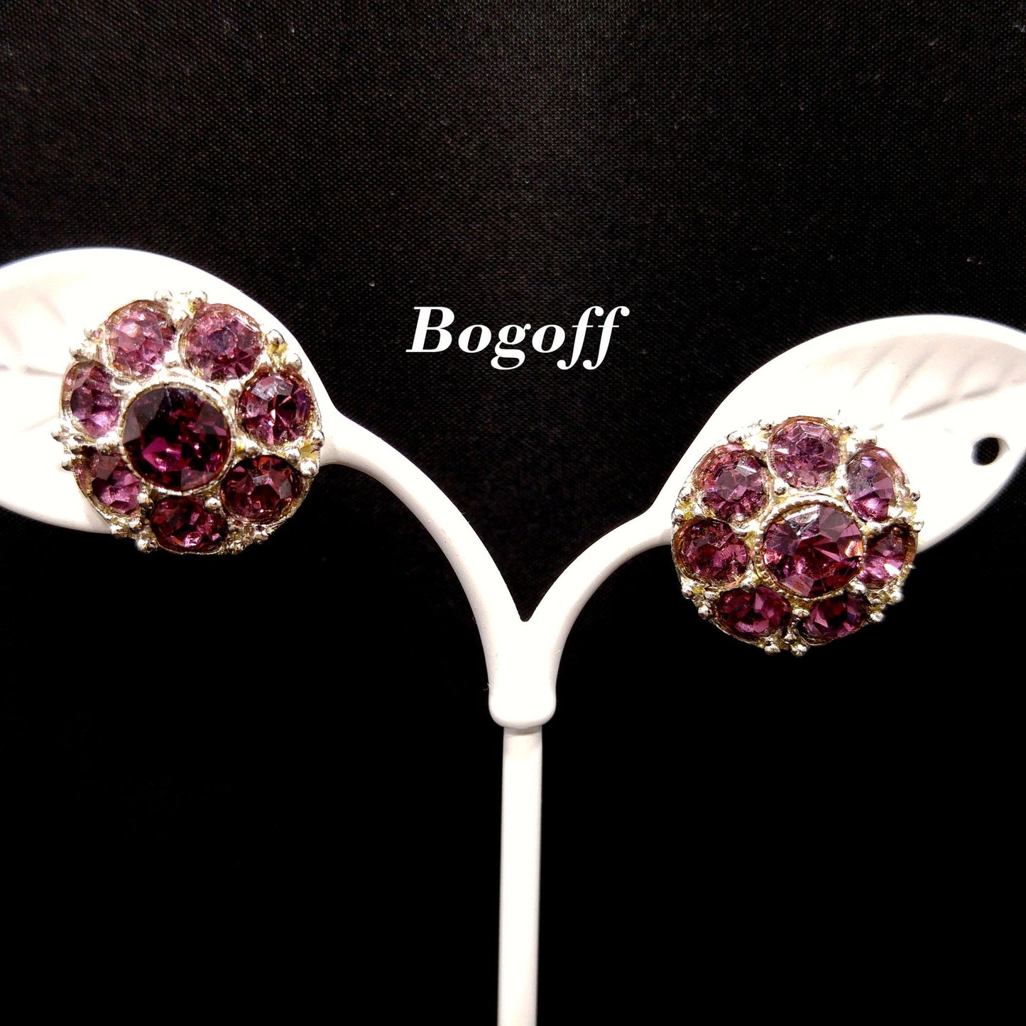 Bogoff Purple Rhinestone Screw Back Earrings, Rhodium Plated, 1940s Vintage Jewelry