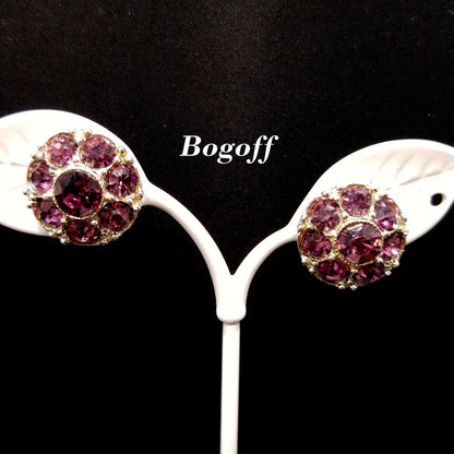 Bogoff Purple Rhinestone Screw Back Earrings, Rhodium Plated, 1940s Vintage Jewelry