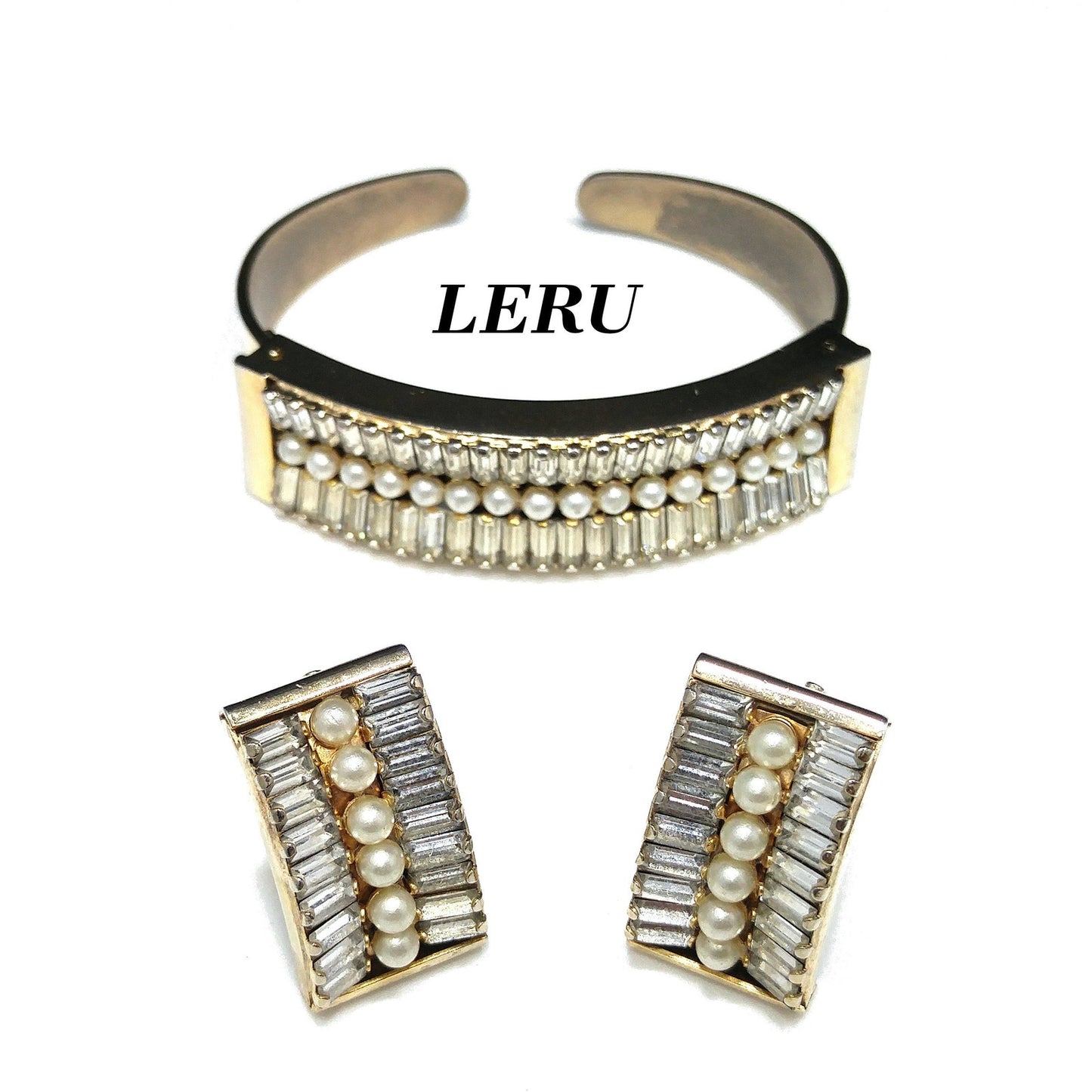Vintage Leru Baguette Rhinestone & Pearl Cuff Bracelet & Clip Earrings Set 1950s