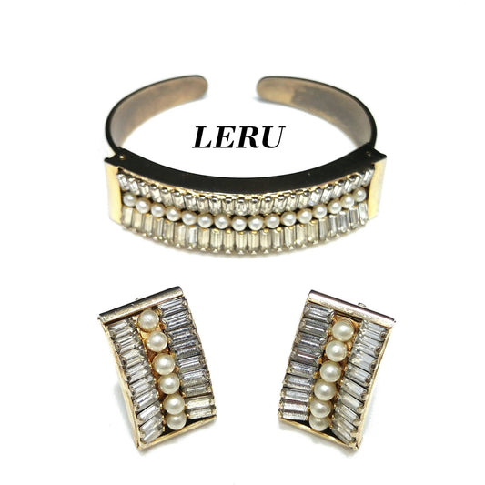 Vintage Leru Baguette Rhinestone & Pearl Cuff Bracelet & Clip Earrings Set 1950s