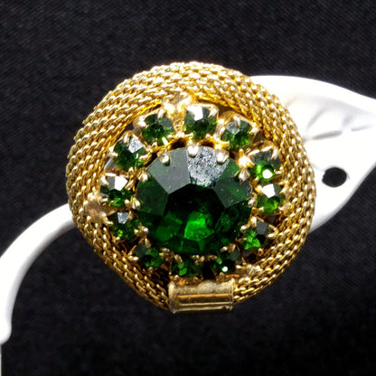 Vintage Weiss Green Rhinestone Brooch & Earrings, Gold Plated Mesh