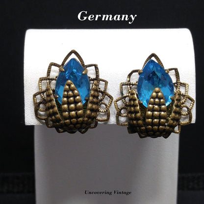 Germany Turquoise Filigree Clip Earrings, Large Rhinestone, 1940s Vintage Jewelry