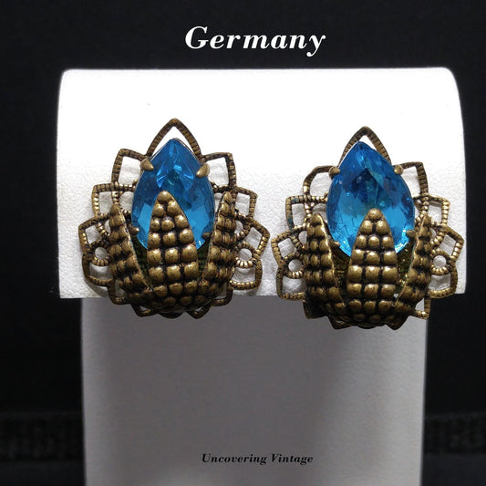 Germany Turquoise Filigree Clip Earrings, Large Rhinestone, 1940s Vintage Jewelry