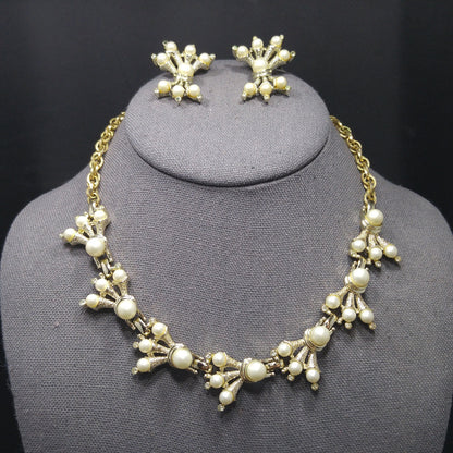 Kramer Faux Pearl Necklace Clip Earrings Set, 1960s Vintage Jewelry