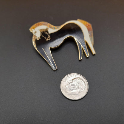 Laurel Burch "Embracing Horses" Brooch, Gold Plated, Black White Horse, 1980s Vintage Jewelry